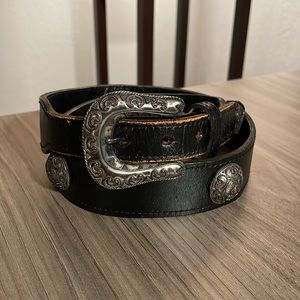 VTG Western Black Leather Silver Medallion Belt